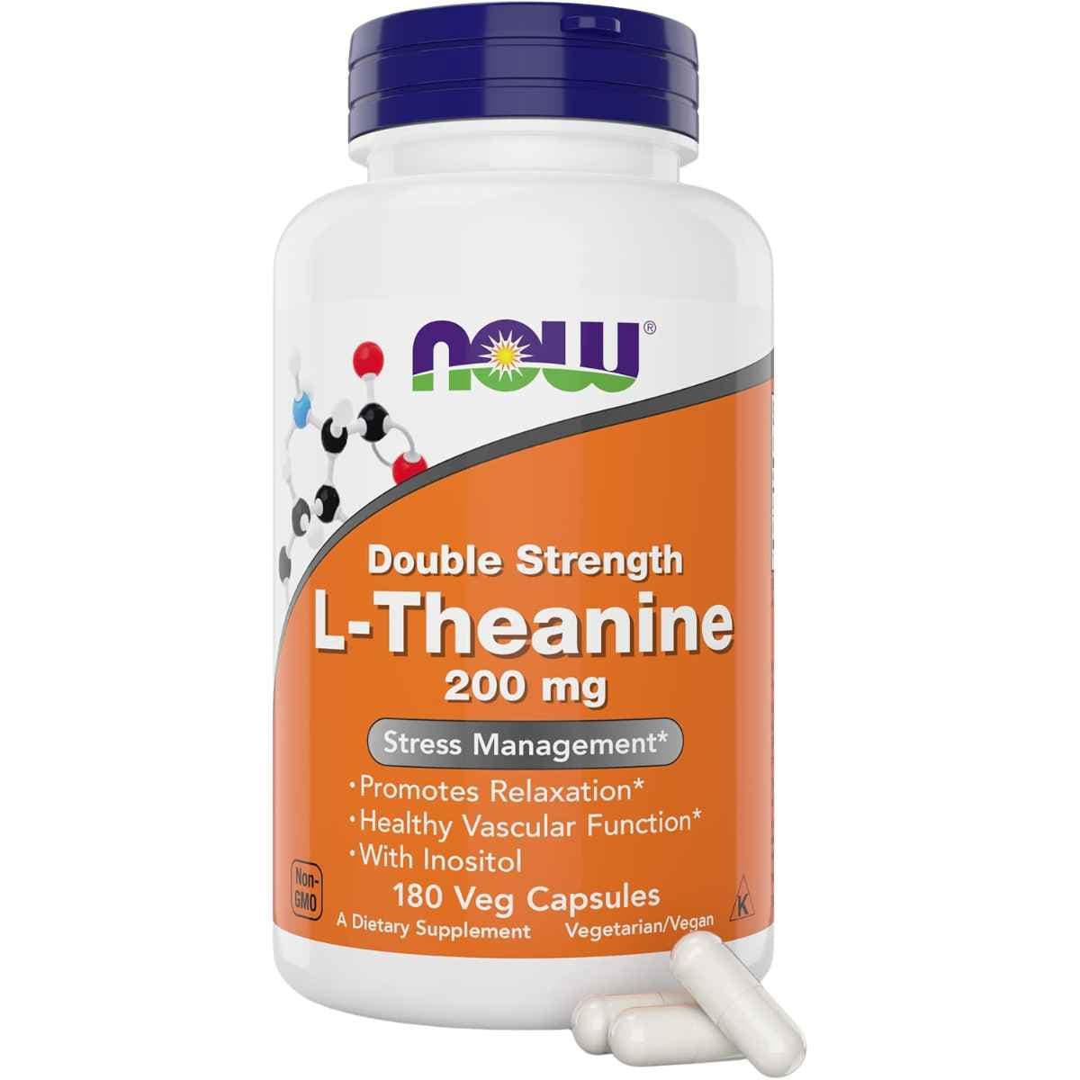 Frasco de suplemento NOW Foods L-Teanina 200 mg 180 cápsulas