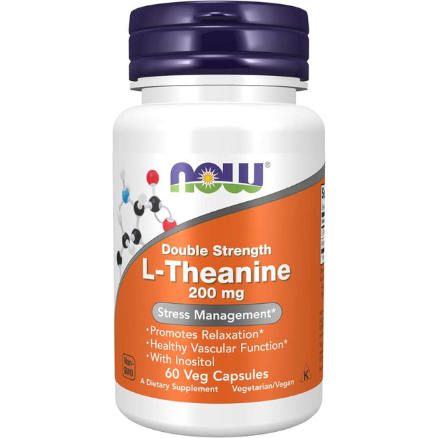 Frasco de suplemento NOW Foods L-Teanina 200 mg 60 cápsulas