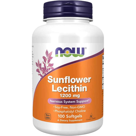 Frasco de suplemento NOW Foods Lecitina de Girasol 1200 mg 100 cápsulas blandas