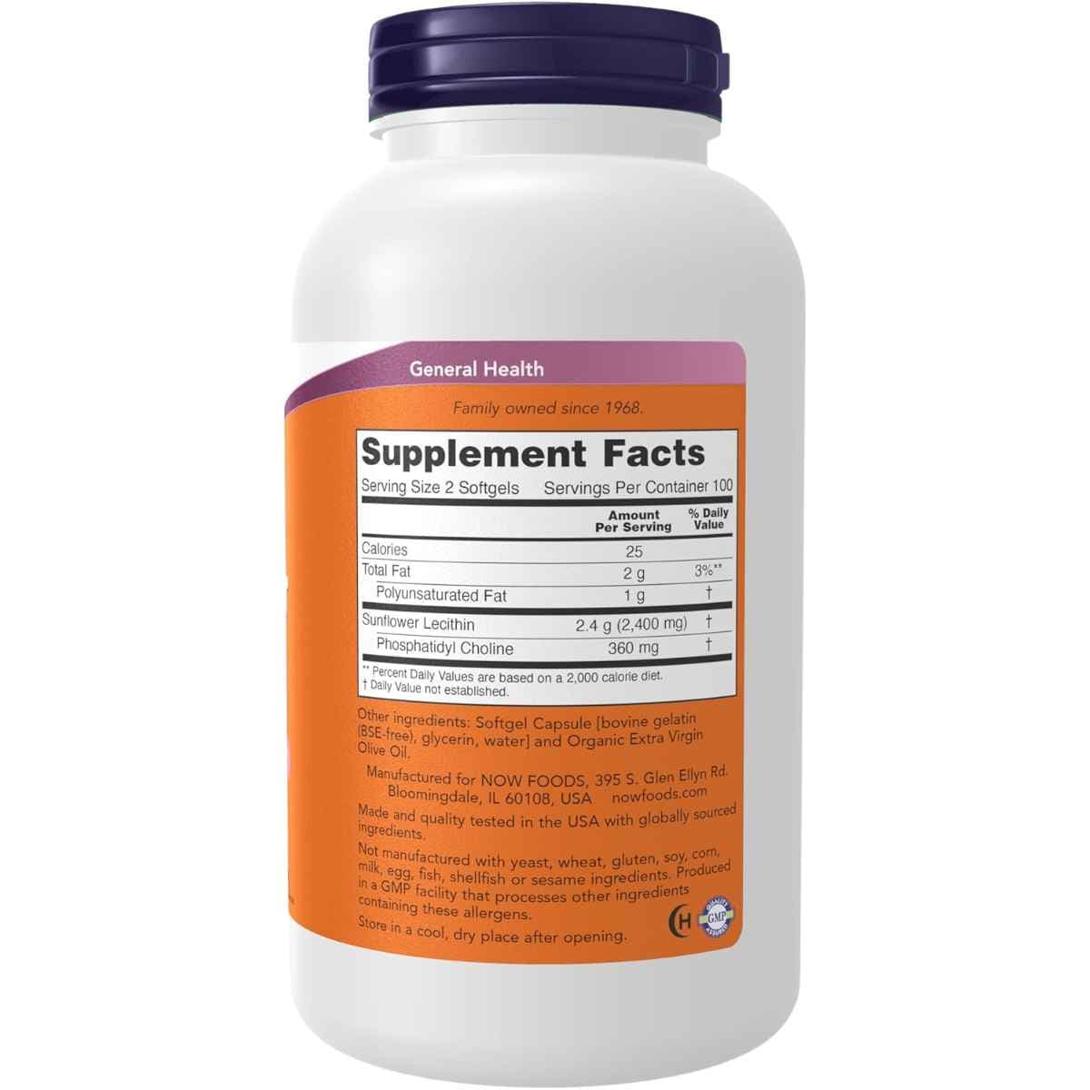 Tabla nutricional del suplemento NOW Foods Lecitina de Girasol 1200 mg 200 cápsulas blandas