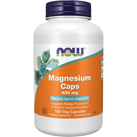 Frasco frontal de Now Foods magnesio 400 mg, 180 cápsulas vegetales