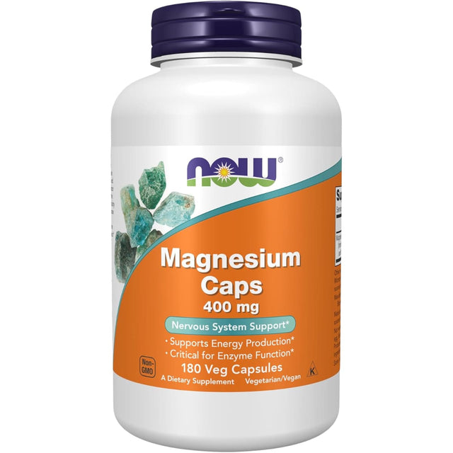 Frasco frontal de Now Foods magnesio 400 mg, 180 cápsulas vegetales