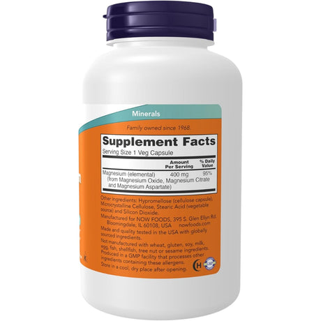 Información del suplemento de Now Foods magnesio 400 mg, 180 cápsulas vegetales