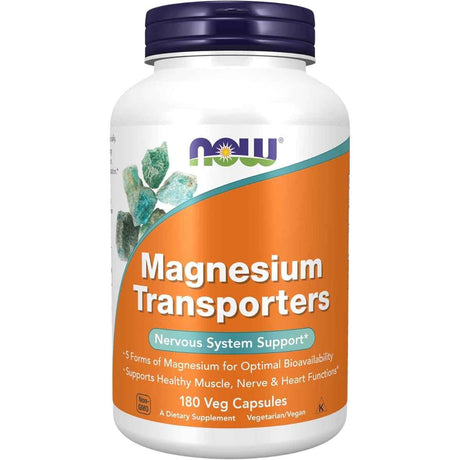 Frasco frontal de Now Foods Magnesium Transporters con 180 cápsulas vegetales