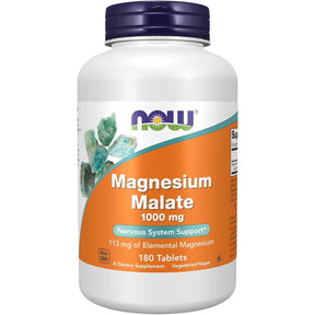 NOW Foods malato de magnesio, 180 tabletas, vista frontal.