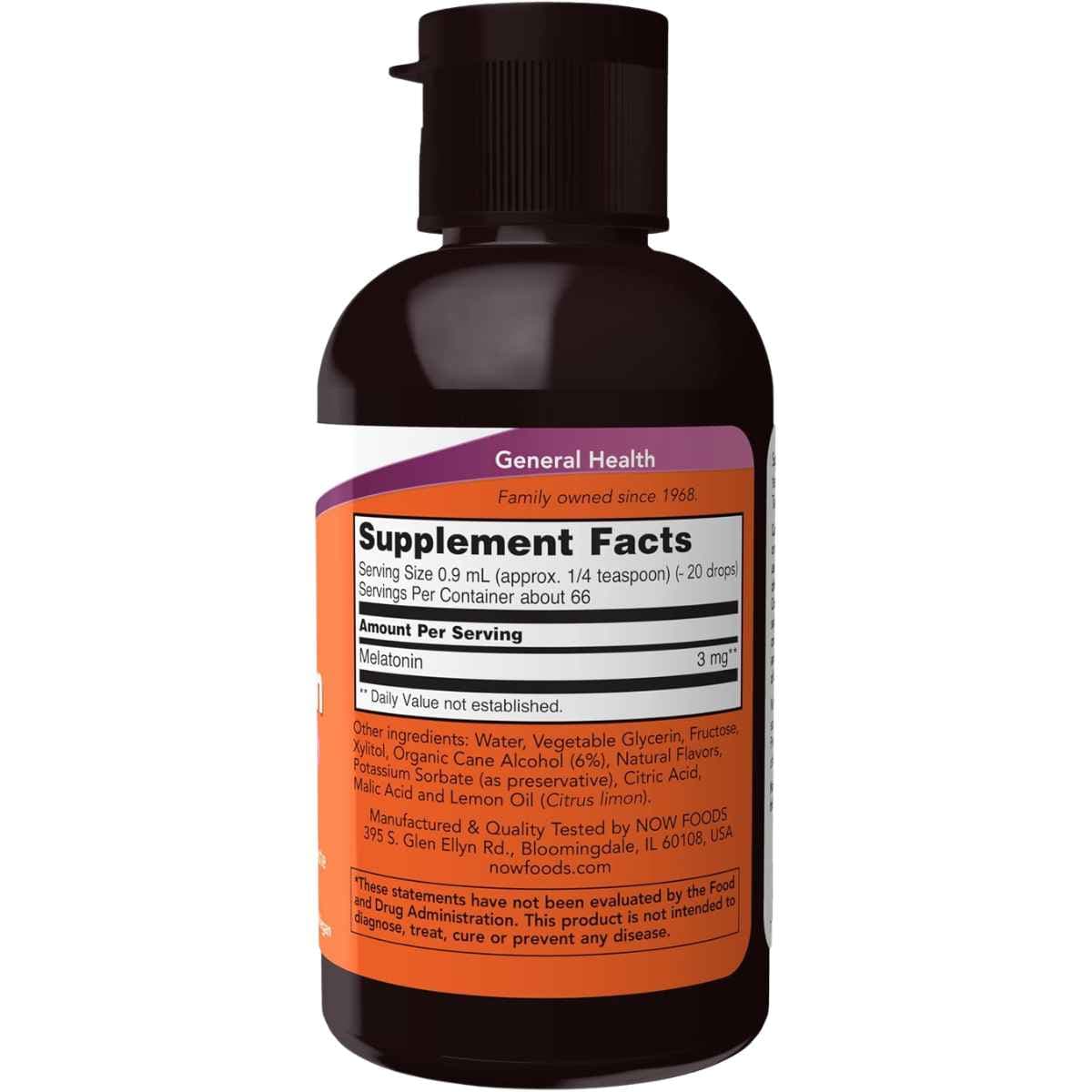 Panel de información del suplemento de Now Foods Melatonina líquida con 3 mg por porción.