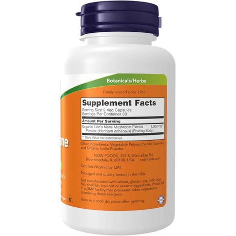Tabla nutricional del suplemento NOW Foods Melena de León 500 mg 60 cápsulas