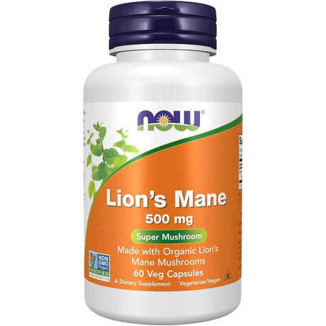 Frasco de suplemento NOW Foods Melena de León 500 mg 60 cápsulas