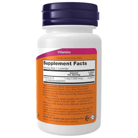 Etiqueta Supplement Facts de Now Foods Metil B-12 1000 mcg de 100 tabletas para disolver