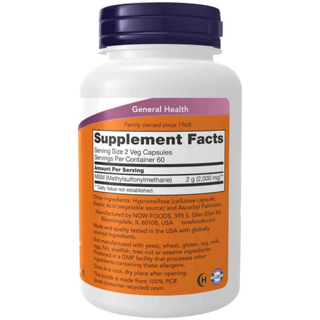 Tabla nutricional del suplemento Now Foods MSM 120 cápsulas vegetales