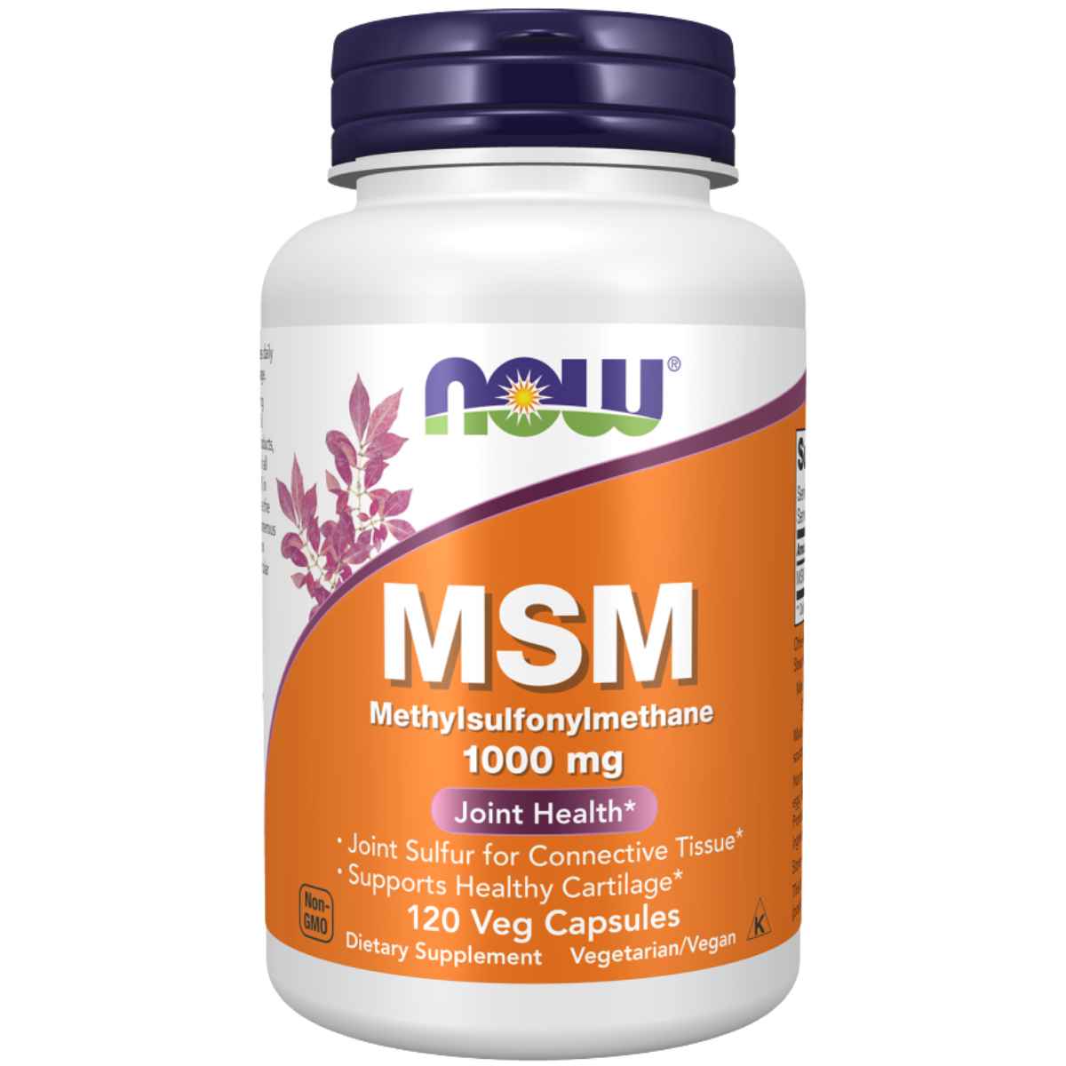 Frasco de suplemento Now Foods MSM 120 cápsulas vegetales