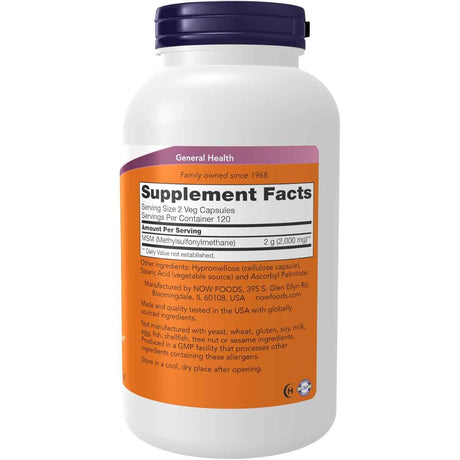 Tabla nutricional del suplemento Now Foods MSM 240 cápsulas vegetales