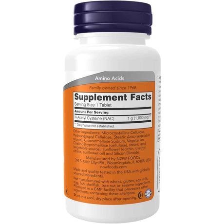 Tabla nutricional del suplemento NOW Foods N-Acetil Cisteína 1000 mg 60 tabletas