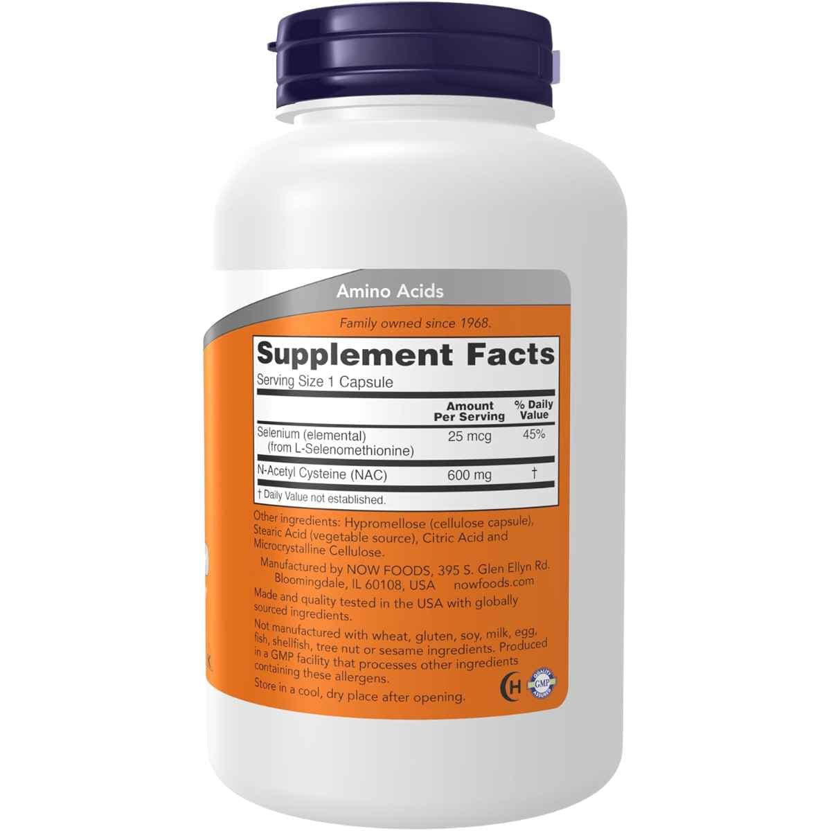 Tabla nutricional del suplemento NOW Foods N-Acetil Cisteína (NAC) con Selenio 600 mg - 100 Cápsulas