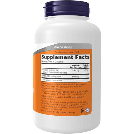 Tabla nutricional del suplemento NOW Foods N-Acetil Cisteína (NAC) con Selenio 600 mg - 100 Cápsulas