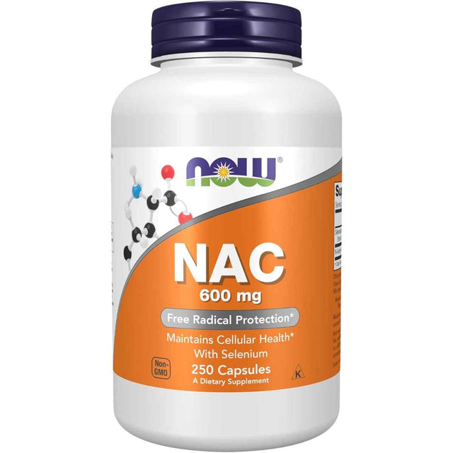 Frasco de suplemento NOW Foods N-Acetil Cisteína (NAC) con Selenio 600 mg - 100 Cápsulas