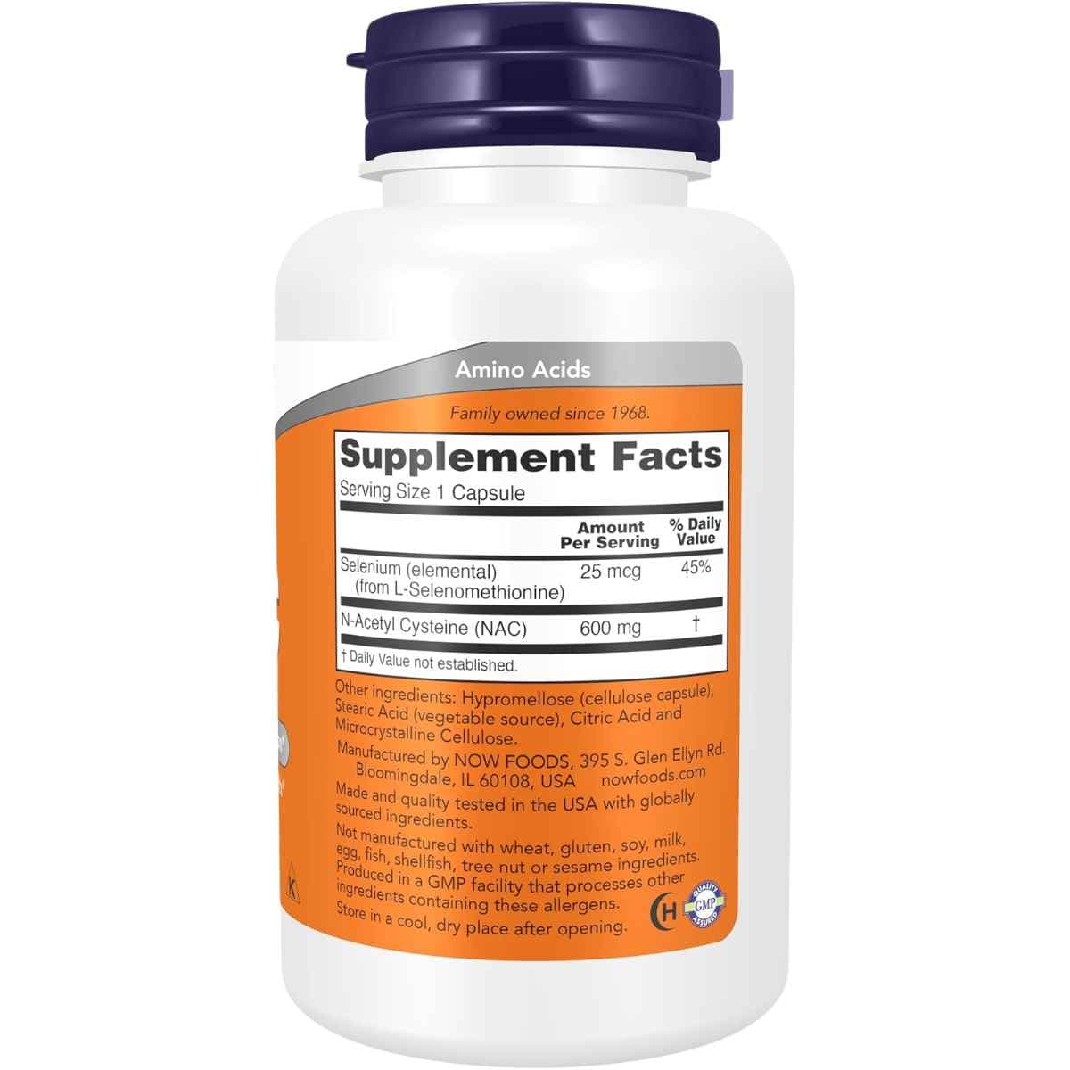Etiqueta posterior de NOW Foods NAC 600 mg 100 cápsulas