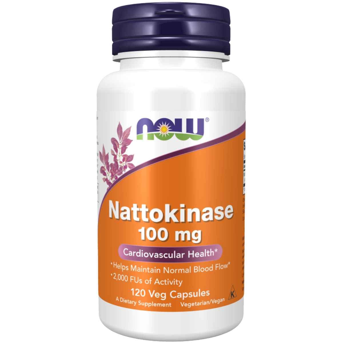 Frasco de suplemento NOW Foods Natoquinasa 100 mg 120 Cápsulas Vegetales