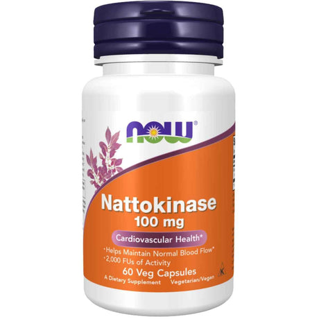 Frasco de suplemento NOW Foods Natoquinasa 100 mg 60 Cápsulas Vegetales