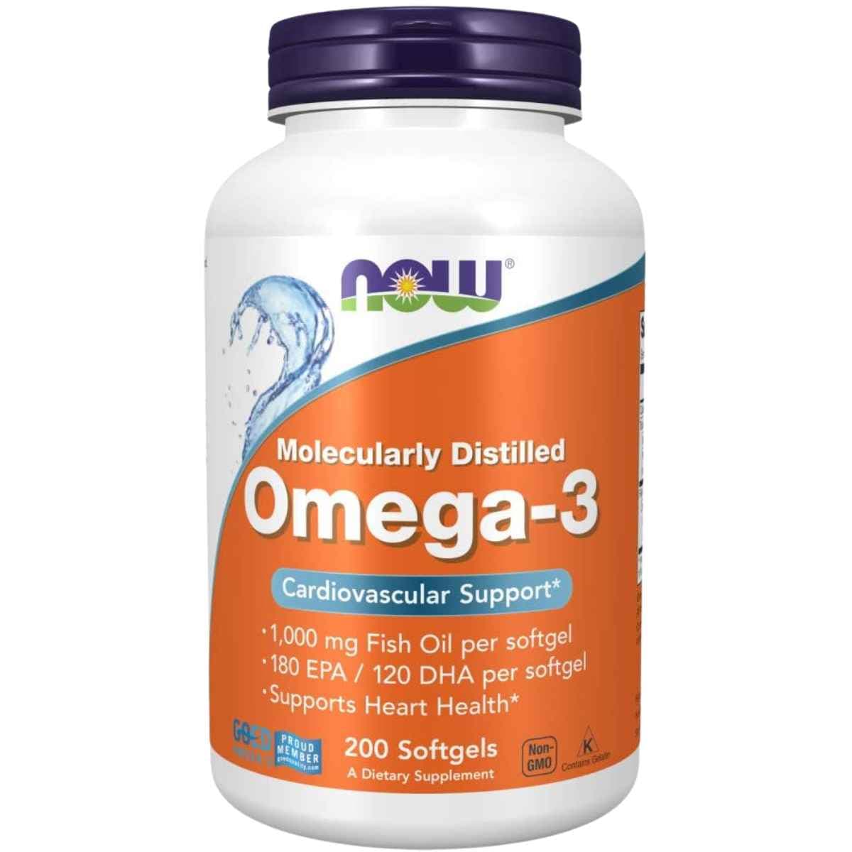 Frasco de suplemento NOW Foods Omega-3 1000 mg 200 cápsulas blandas