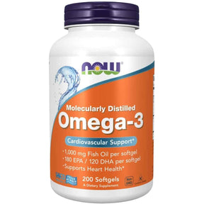 Frasco de suplemento NOW Foods Omega-3 1000 mg 200 cápsulas blandas