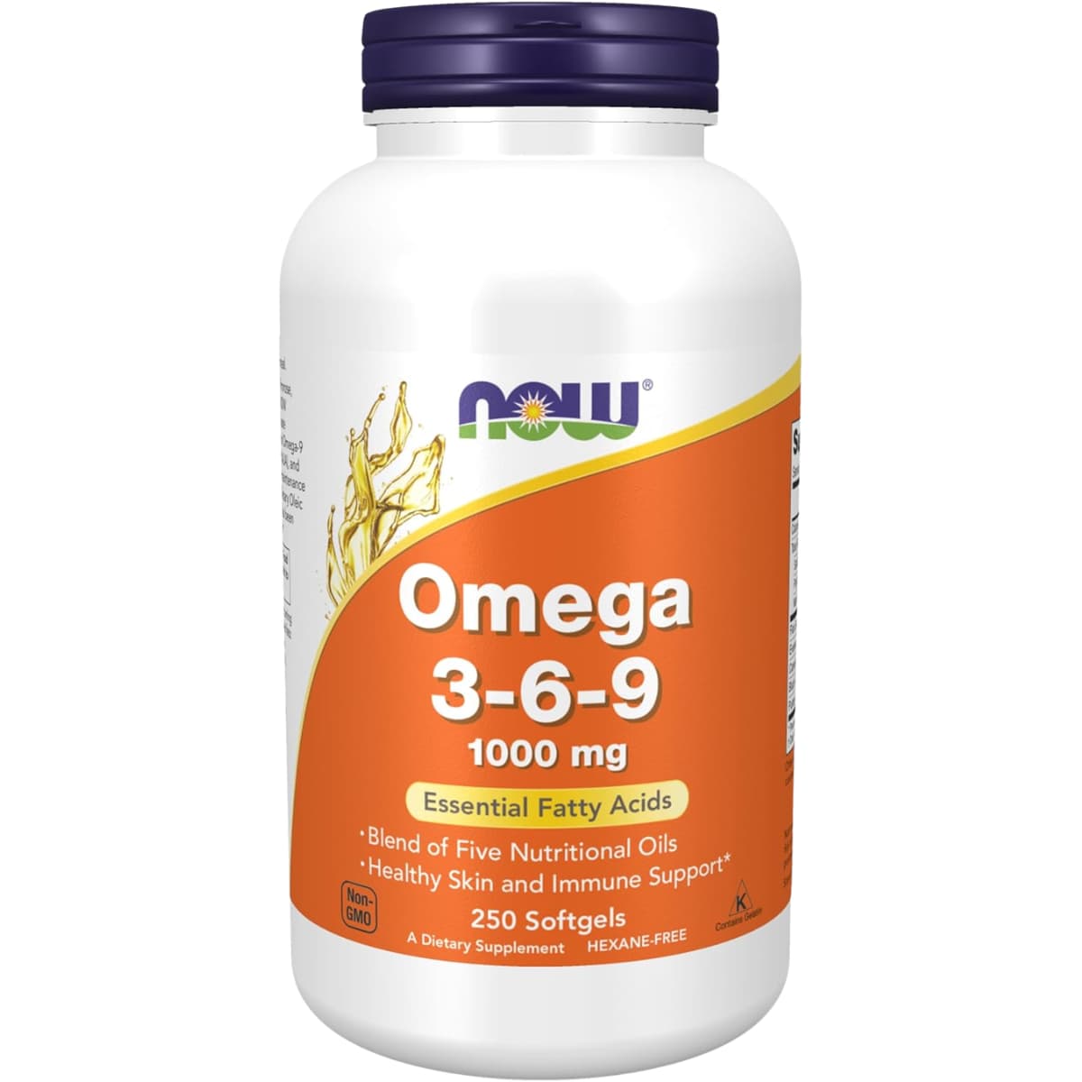 Frasco de suplemento Now Foods Omega 3-6-9 1000 mg 250 cápsulas blandas