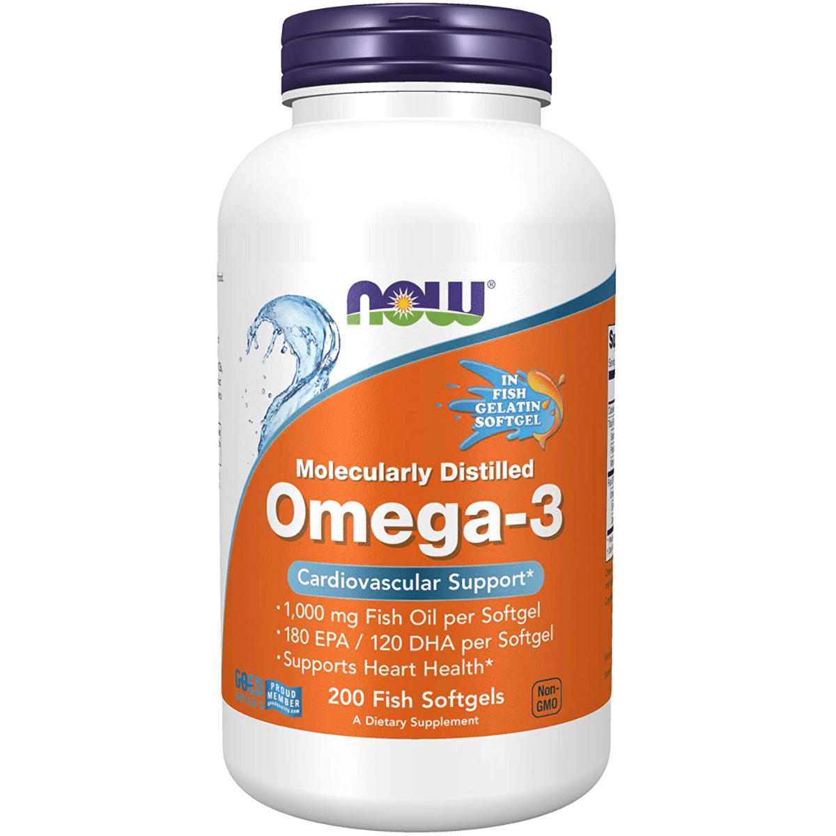 Frasco frontal de Now Foods Omega-3 Fish Oil, presentación de 200 cápsulas blandas