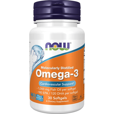 Frasco frontal de Now Foods Omega-3 Fish Oil, presentación de 30 cápsulas blandas