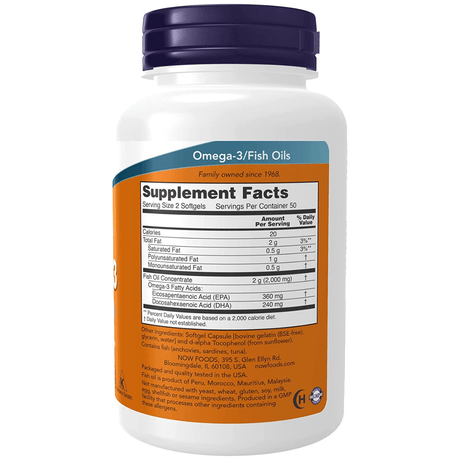 Etiqueta de suplemento de Now Foods Omega-3 Fish Oil, presentación de 100 cápsulas blandas