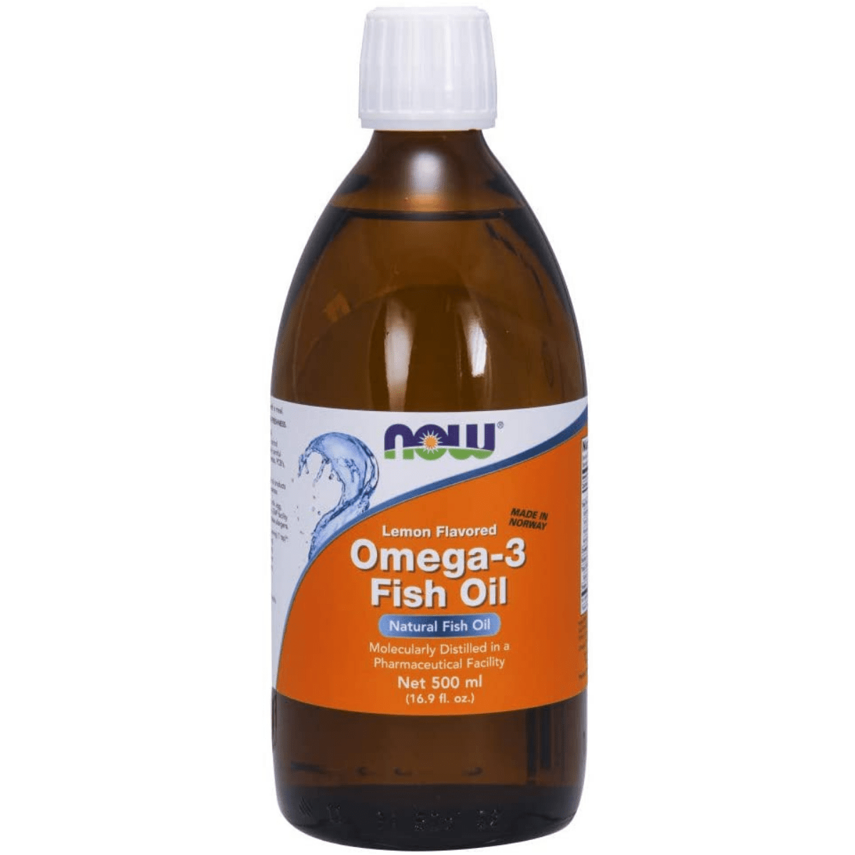 Botella frontal de NOW Foods Omega-3 aceite de pescado líquido sabor limón de 500 ml.