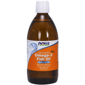 Botella frontal de NOW Foods Omega-3 aceite de pescado líquido sabor limón de 500 ml.