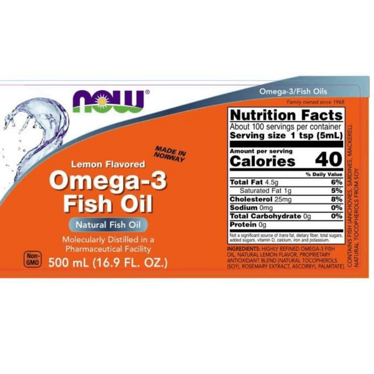 Información nutricional de NOW Foods Omega-3 aceite de pescado líquido sabor limón de 500 ml.