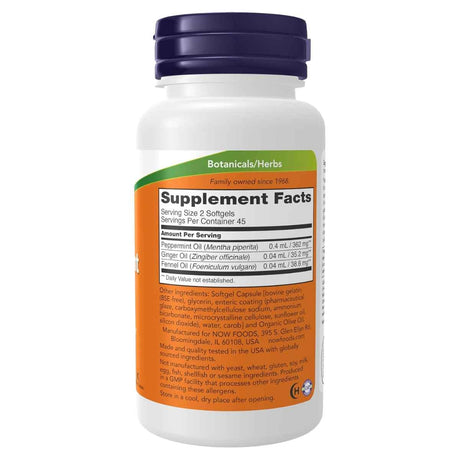 Información del suplemento NOW Foods Peppermint Gels aceite de menta 90 cápsulas blandas