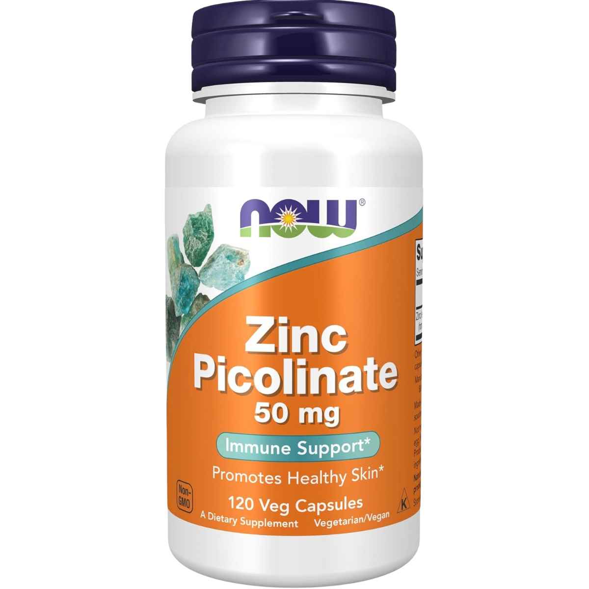 Frasco frontal de NOW Foods Picolinato de Zinc 50 mg, presentación de 120 cápsulas veganas.