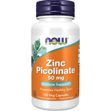 Frasco frontal de NOW Foods Picolinato de Zinc 50 mg, presentación de 120 cápsulas veganas.