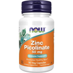 Frasco frontal de NOW Foods Picolinato de Zinc 50 mg, presentación de 30 cápsulas veganas.