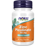 Frasco frontal de NOW Foods Picolinato de Zinc 50 mg, presentación de 60 cápsulas veganas.