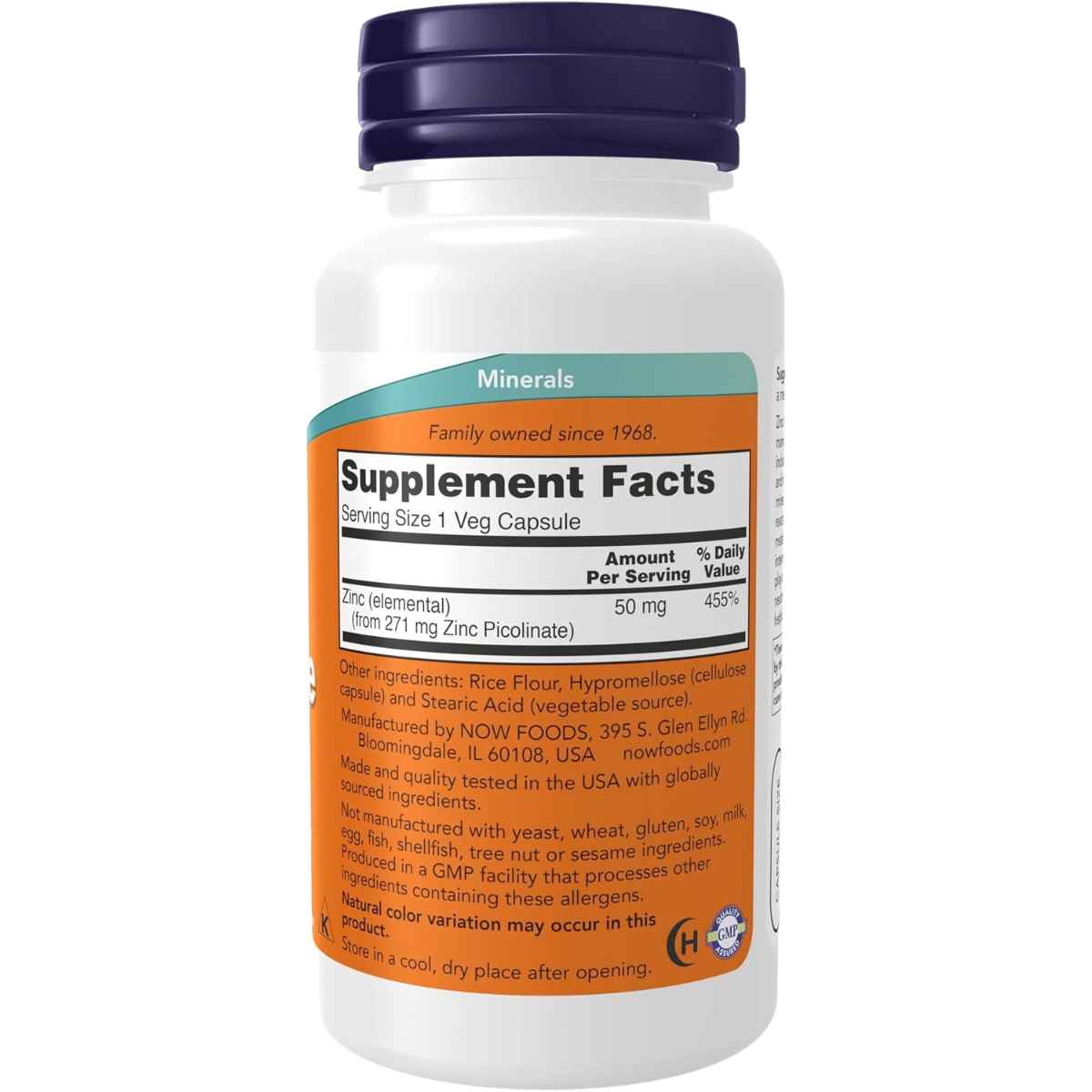 Tabla de suplementos de NOW Foods Picolinato de Zinc 50 mg, presentación de 120 cápsulas veganas.