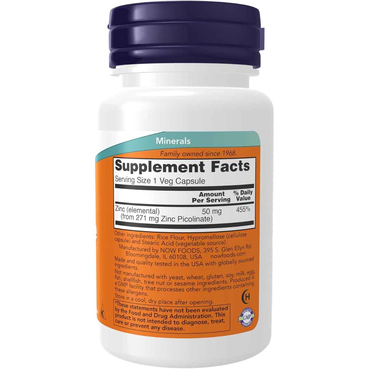 Tabla de suplementos de NOW Foods Picolinato de Zinc 50 mg, presentación de 60 cápsulas veganas.
