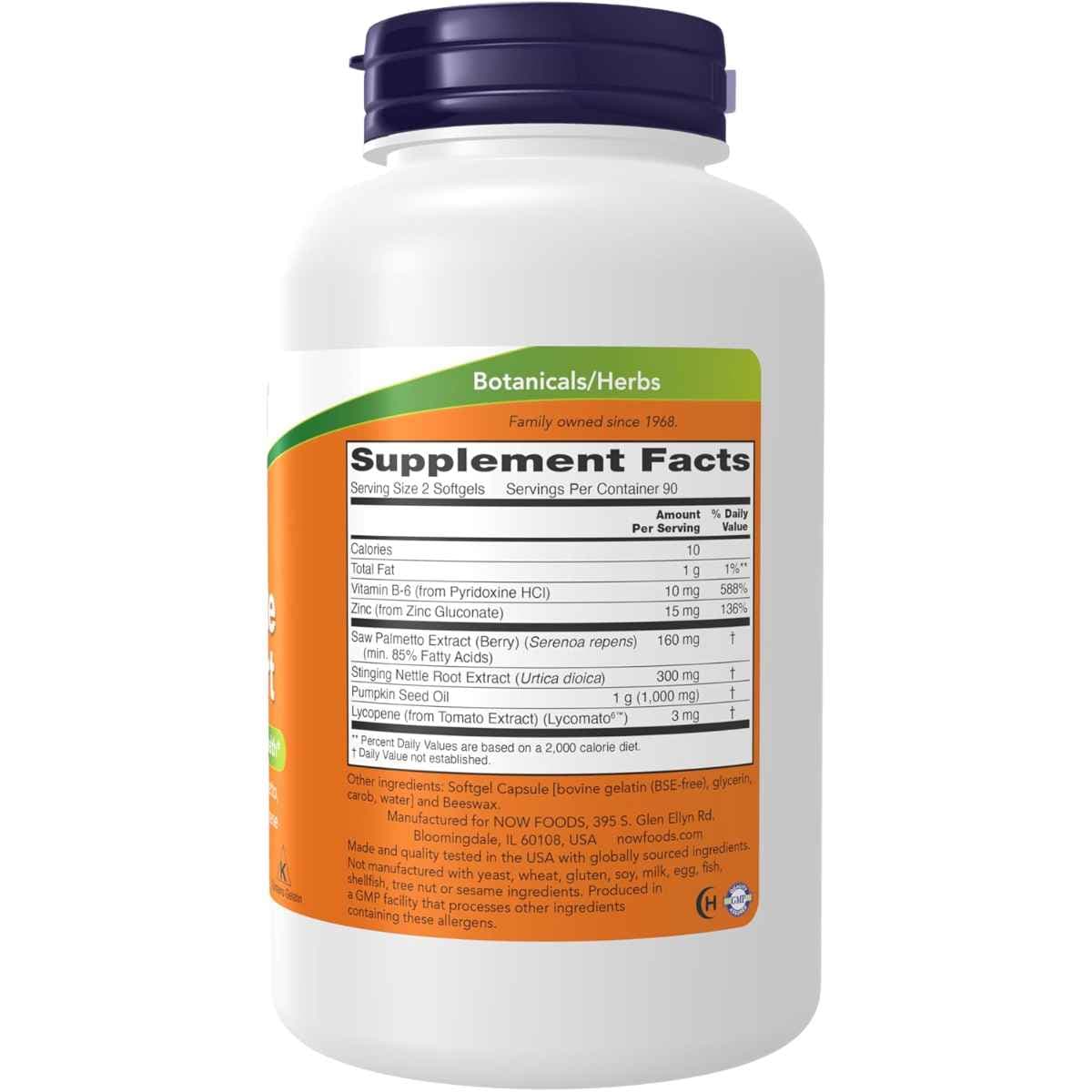Etiqueta con información del suplemento Now Foods Prostate Support cápsulas blandas
