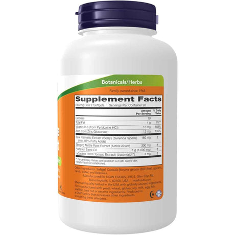 Etiqueta con información del suplemento Now Foods Prostate Support cápsulas blandas