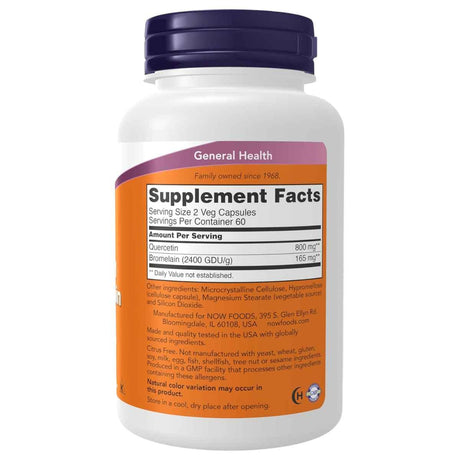 Tabla nutricional de Now Foods Quercetina con Bromelina indicando 800 mg de Quercetina y 165 mg de Bromelina por porción.