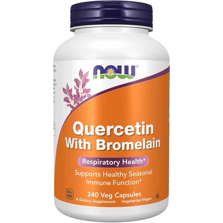 Frasco de Now Foods Quercetina con Bromelina, 240 cápsulas vegetales, apoyo al bienestar estacional.