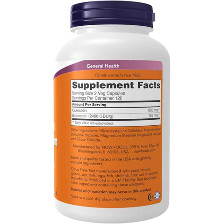 Tabla nutricional de Now Foods Quercetina con Bromelina indicando 800 mg de Quercetina y 165 mg de Bromelina por porción.