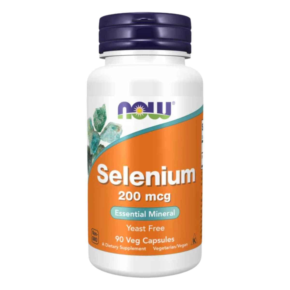 Frasco de suplemento NOW Foods Selenio 200 mcg 90 cápsulas vegetales