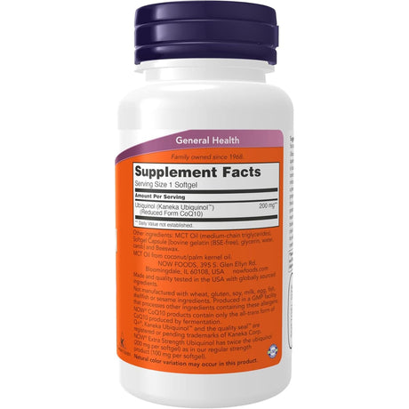 Tabla nutricional del suplemento NOW Foods Ubiquinol 200 mg 60 cápsulas blandas