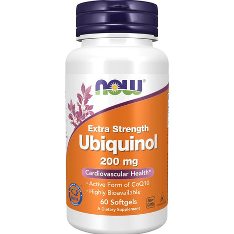 Frasco de suplemento NOW Foods Ubiquinol 200 mg 60 cápsulas blandas