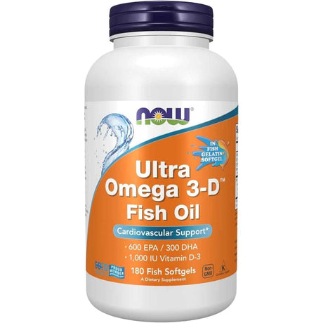 Frasco de suplemento NOW Foods Ultra Omega 3-D 180 cápsulas blandas