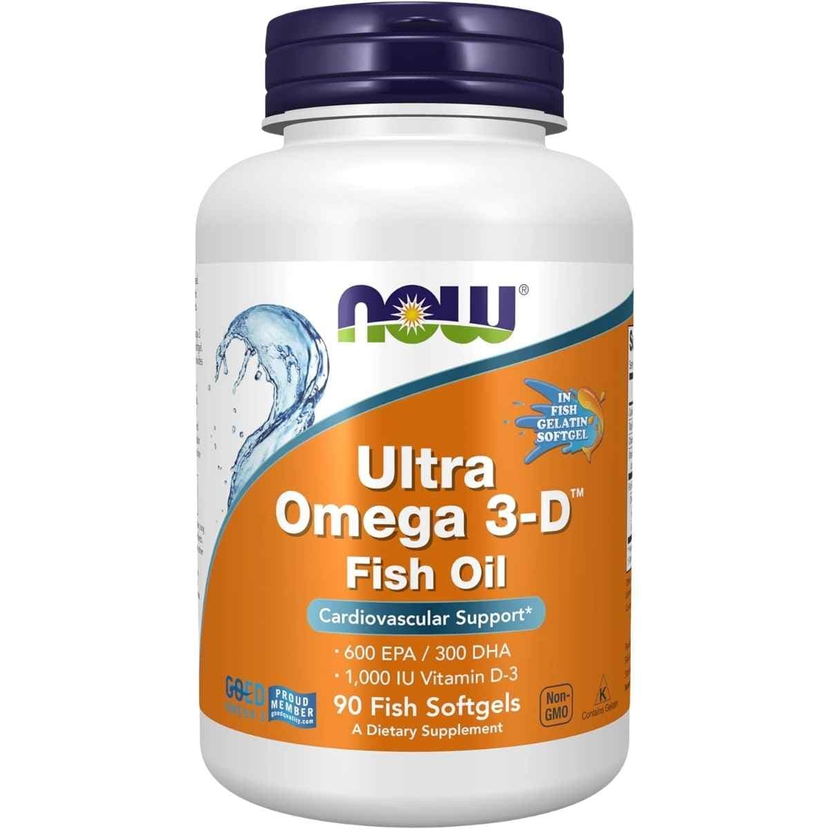 Frasco de suplemento NOW Foods Ultra Omega 3-D 90 cápsulas blandas