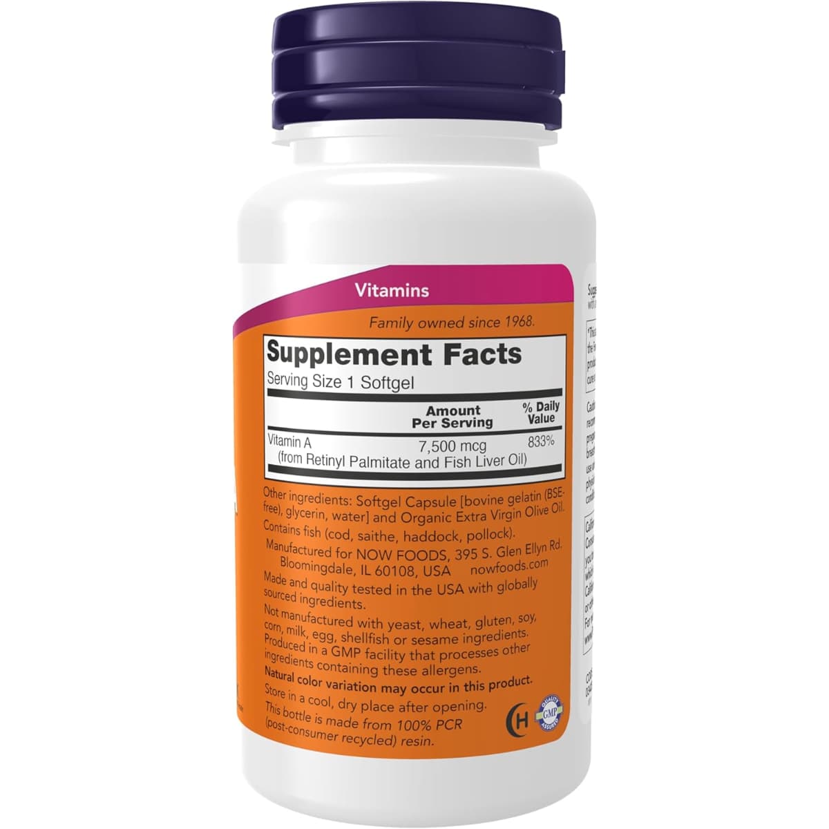Tabla nutricional del suplemento NOW Foods Vitamina A 7500 mcg 250 cápsulas blandas